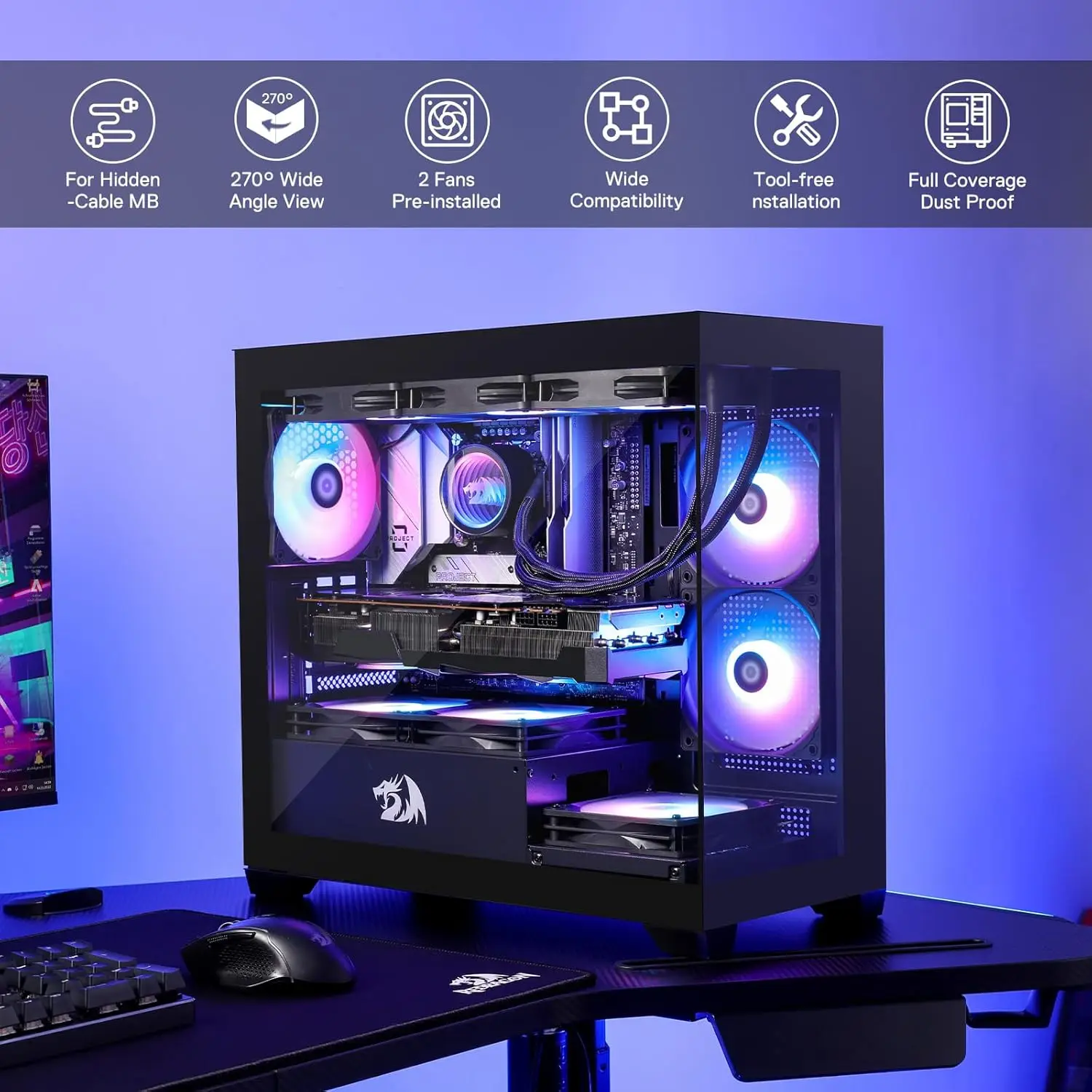 Caixa de PC montada traseira para jogos Redragon GC218M, chassi de computador M-ATX 2 ventiladores de 120 mm pré-instalados e painel perfurado de alto fluxo de ar