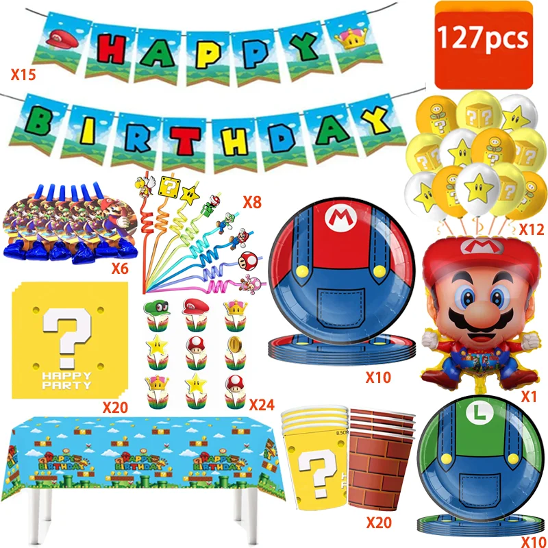 

127Pcs Super Mario Bros Birthday Set Disposable Tableware Tablecoth Plate Baby Shower Kids Boys Favors Party Supplies Toy Gifts