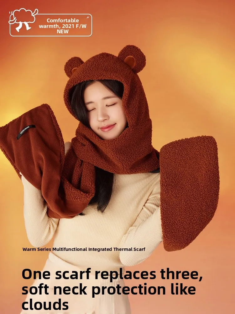 

Теплый пушистый комплект: шапка-медведь и шарф для женщин, милый, с карманами, защита ушей, зимний, модный, в корейском стиле, с воротником из овечьего меха, длинный шарф