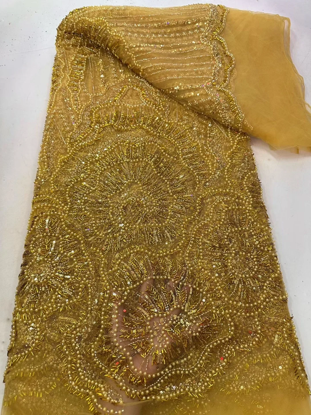 5 YardsAfrican Brown Beaded Sequins Lace Fabrics Royal Blue Beads Tulle Lace Fabric Embroidered Lace Fabrics for Sewing view 4