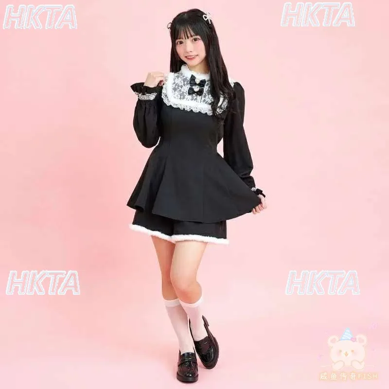 أنتجت الكتلة اليابانية فستان جديد قطعتين مجموعات الحلو ركاب لوليتا الدانتيل خياطة أفخم لطيف لوليتا فستان مجموعة تي شيرتات قصيرة للأطفال النساء