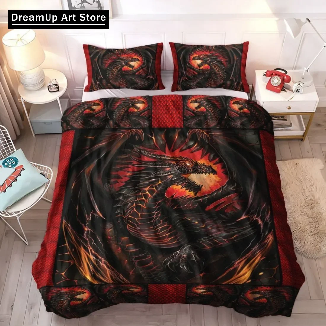 Dragon And Phoenix Duvet Cover Set Full Queen Size, Fantasy World Monster Gothic Bedding Set Bed Set Quilt Cover Pillowcase