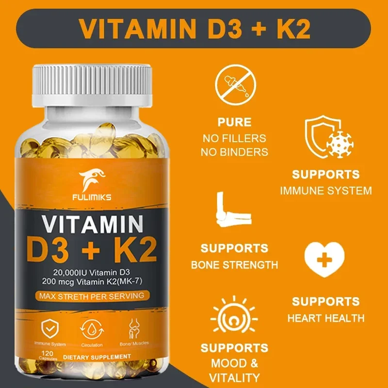 فيتامين د3 20000IU و200mcg فيتامين ك2 (MK-7) كبسولات لامتصاص الكالسيوم وتجديد العظام ودعم المناعة عالي الامتصاص #3