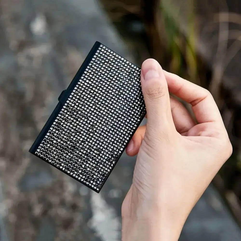 Aluminum Alloy Diamond Metal Business Card Case Small Snap Rhinestone Business Card Box 10-20 Sheets Capacity
