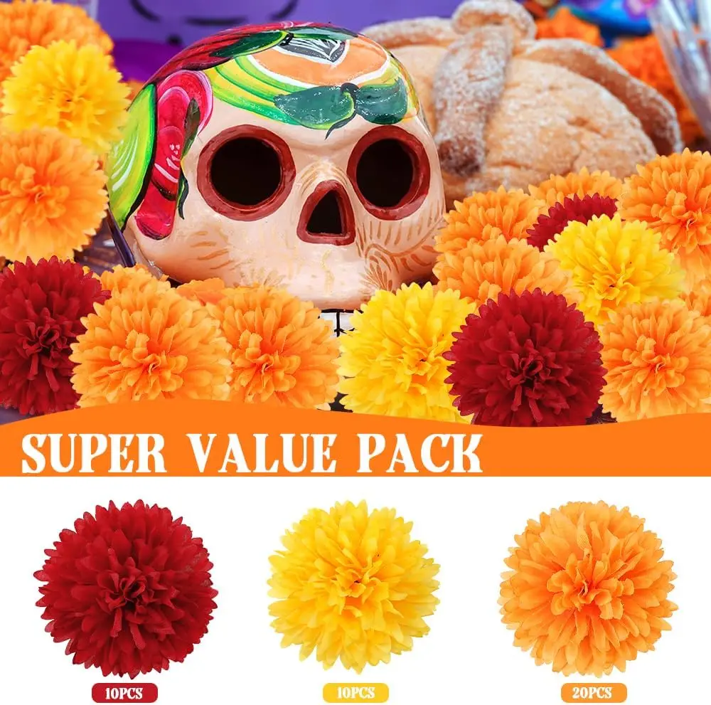 Marigold Flower Heads Bulk 40 Pcs, Faux Mexican Artificial Flowers for Day of the Dead Decorations