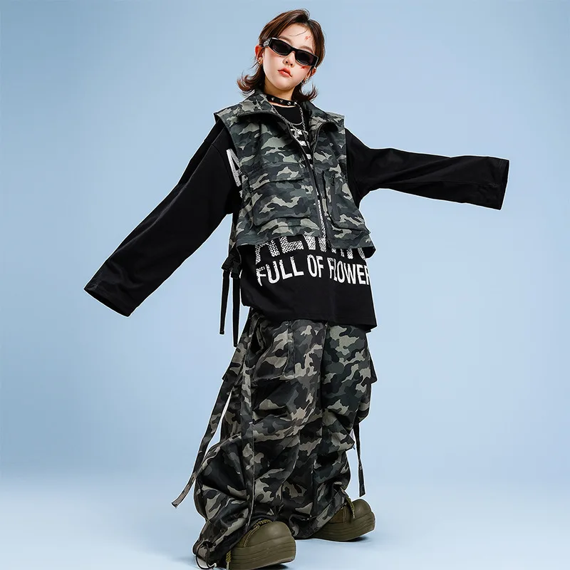 Jungen Hip Hop Kleidung Schwarz Weiß Langarm Top Camouflage Weste Hosen Outfit Mädchen Jazz Dance Kostüm Street Dance Kleidung Set