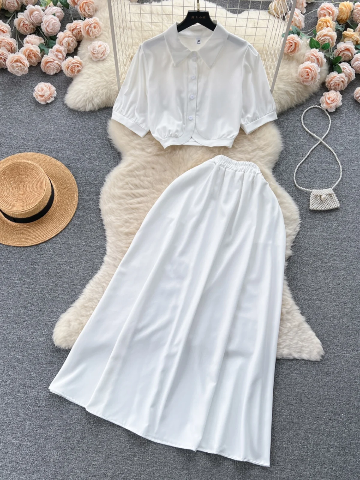 Fashionable Short Bubble Sleeve Shirt Women's Two-Piece Set High Waist Slimming Drapey Half Skirt Elegant Minimalist Style