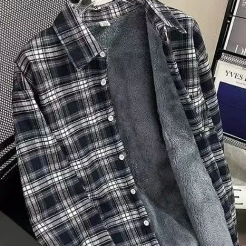 الرجال الصوف قميص الشتاء سميكة طويلة الأكمام القمصان الدافئة أسود أبيض منقوشة زر عادية مع جيب جميع مطابقة القمم معاطف