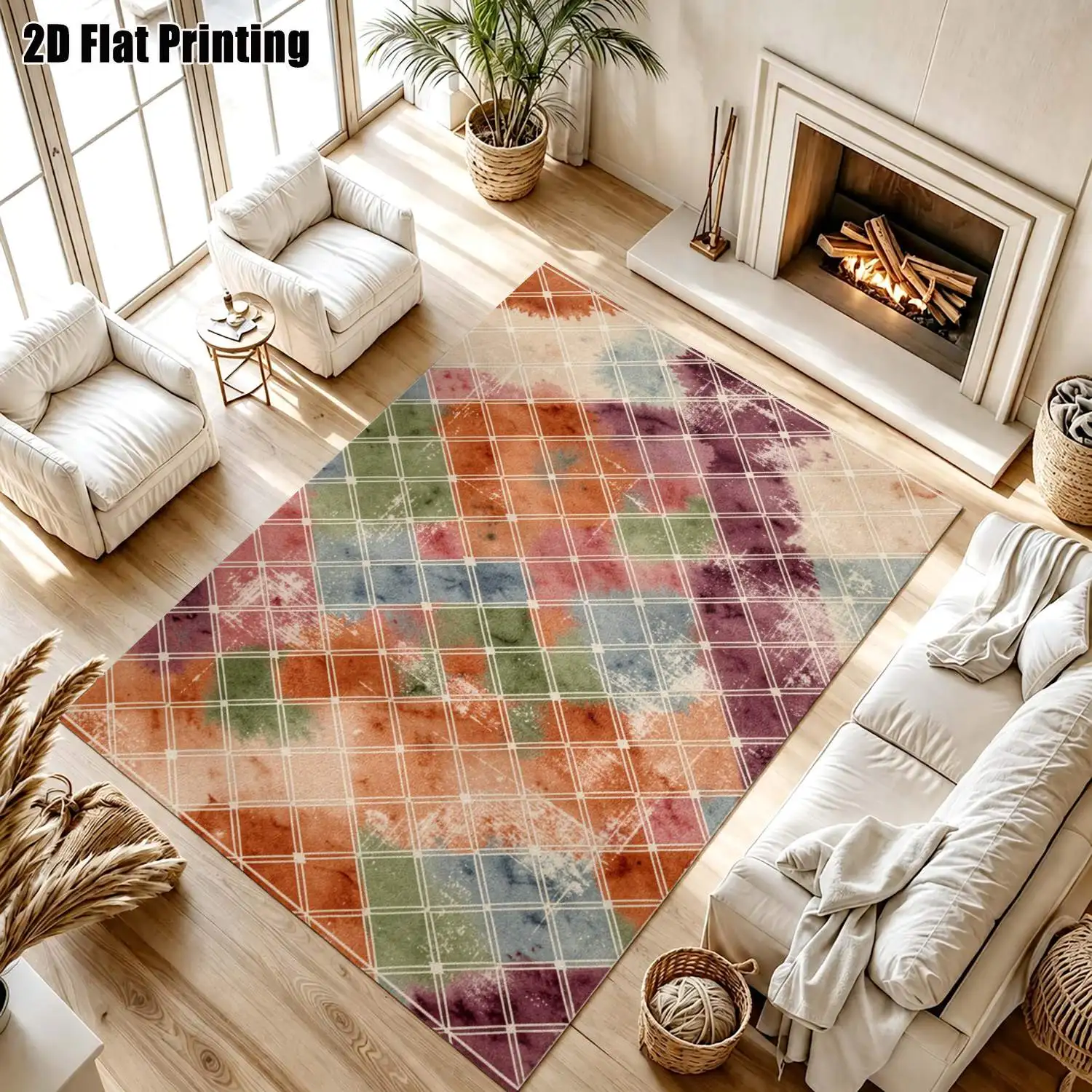 1Pc 2D Printed Retro Tie-Dye Plaid Carpet, Multi-Size Machine Washable Home Decor Floor Mat for Entrance, Dining, Bedroom, Living Room, Study