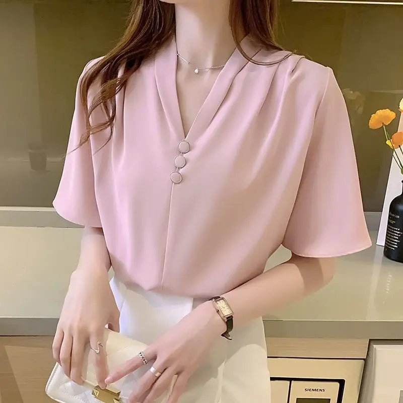 Temperament Chiffon Shirt Tops Summer New V Neck Short Sleeve Solid Color Simplicity Loose Blouse Korean Fashion Women Clothing