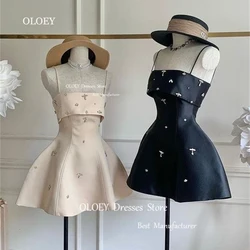 OLOEY Exquisite Black Mini Prom Party Dresses Beading Crystal Spaghetti Straps Pleated Satin Cocktail Dresses Zipper Back Custom