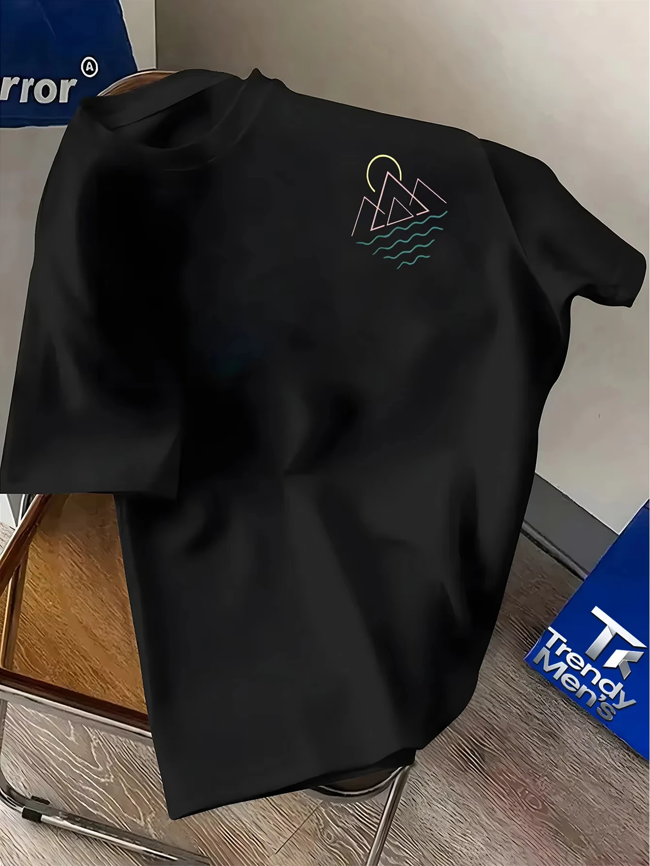 Men's Light Blue T-Shirt - Mountain Wave Graphic Tee with Passenger Design Breathable Summer Shirt for Travel Hiking Beach Tee