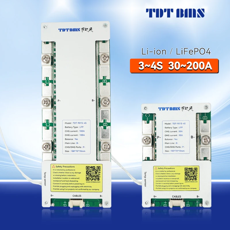 TDT BMS-Système de gestion de l'équilibre de la batterie de véhicule électrique, Lifepo4 Li Ion 3S 4S, 12V, 30A, 40A, 50A, 60A, 100A, 200A