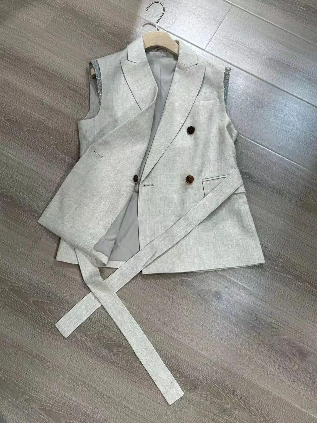 Conjunto de duas peças de colete sem mangas lapela VestLinen Jacket Curved Narrow Leg Pants Alta qualidade Primavera e Verão Moda Novo Estilo