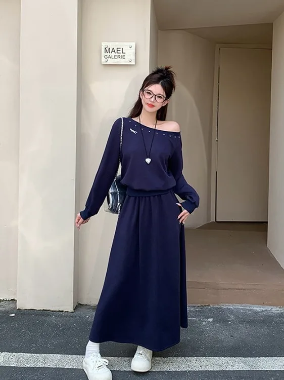 

Комплект из двух предметов: свитшот с длинным рукавом и шифоновая юбка для женщин больших размеров, осенний повседневный модный удобный костюм