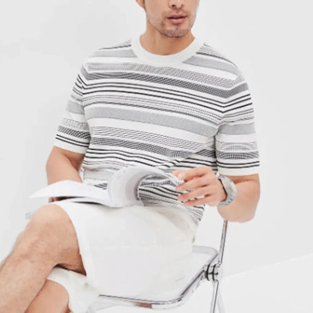 

Men Summer Striped T-shirt Men Short Sleeve Fashion Comfort Tops L M White Mens Summer T-Shirt Polyester Fabric