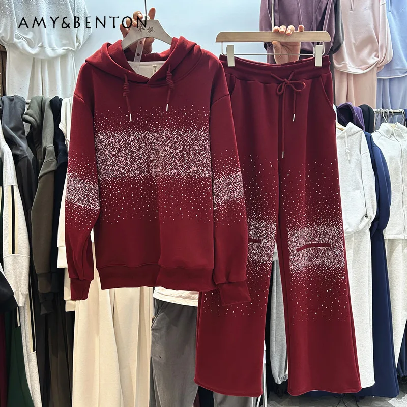 

Popular Heavy Industry Design Sense Rhinestone Loose Long Sleeved Hooded Sweatshirt Top + Elastic Waist Wide Leg Long Pants Set
