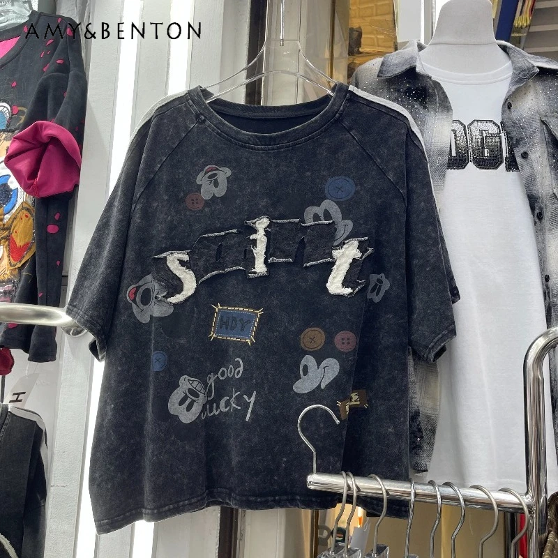 

2026 Summer New Korean Style Y2k Tshirts Clothes Loose Casual Versatile Cartoon Print Short Sleeved T-shirt Women's Top Pullover