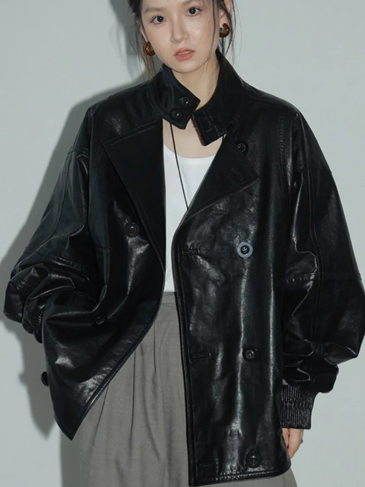 Autumn New Women Loose Fit Double Breasted Oil Wax Sheepskin Genuine Leather Jacket Boyfriend Style Oversized Outerwear Coats