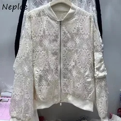 Neploe 2024 New All-match Sun Protection Jackets Heavy Embroidery Lace White Tops Mujer Y2k Long Sleeve Zipper Coat Women