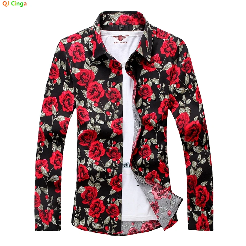 Black Background Color Red Rose Printed Cotton Shirt, Men\'s Square Collar Long Sleeve Shirts White Fashion Tops Camisa / Chemise