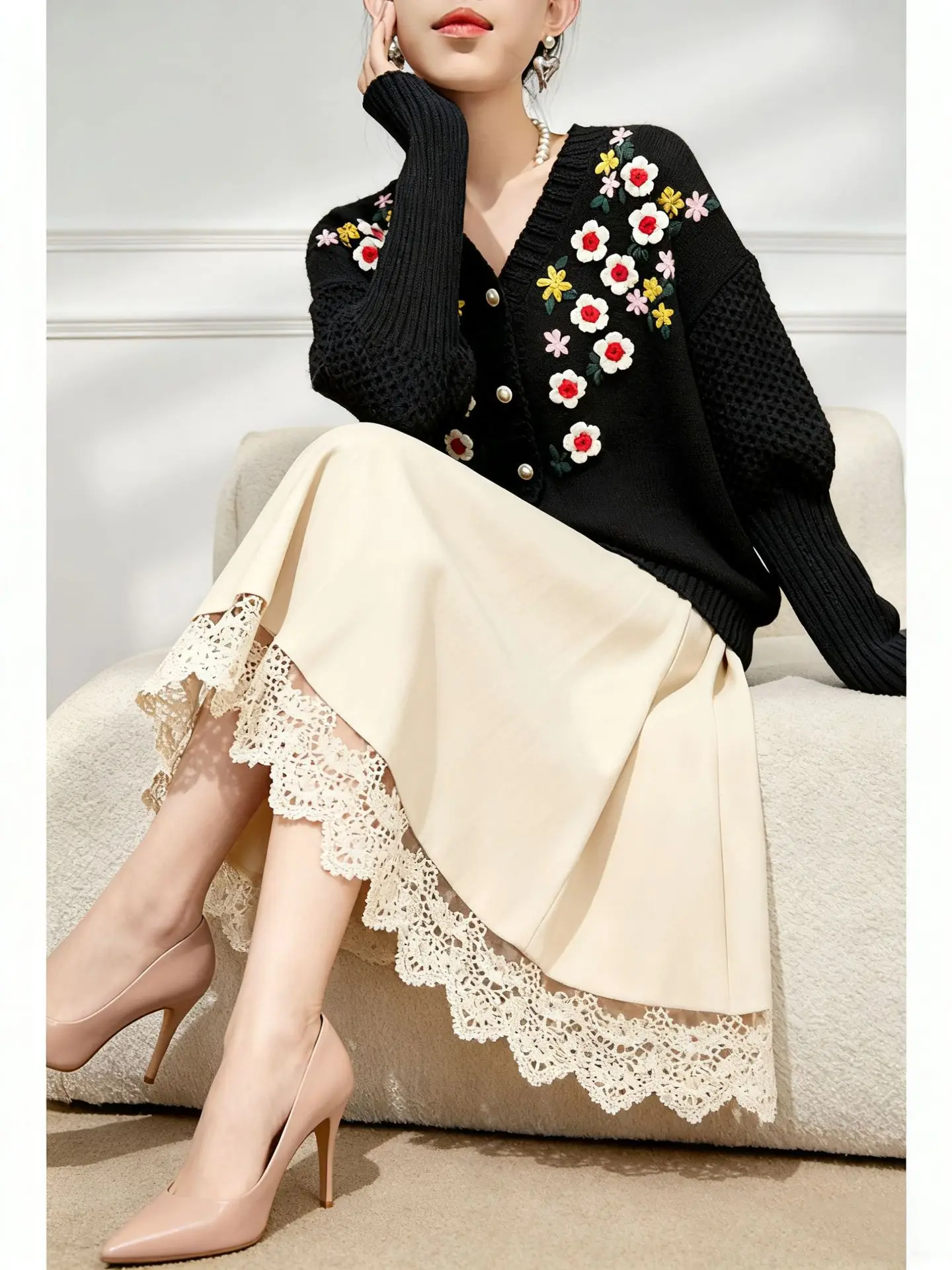 الفرنسية الرجعية نمط الصناعة الثقيلة زهرة التطريز سترة مشغولة من الصوف الخريف والشتاء سترة المرأة الجديدة #6