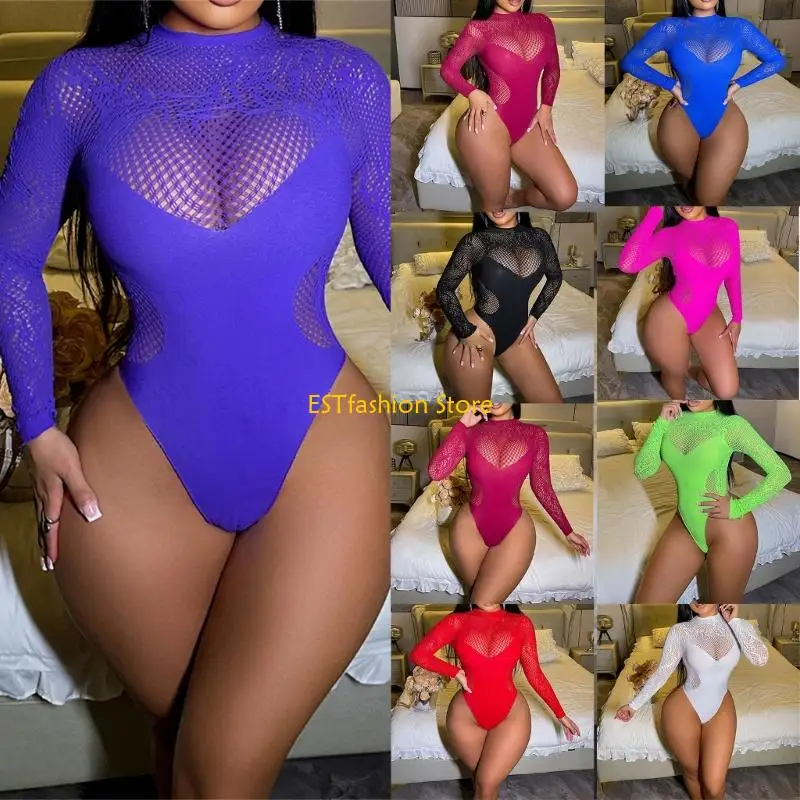 

Y5GC Женское нижнее нижнее белье Смотри сквозь рыбную сеть с длинными рукавами тела прозрачная сетчатая сетка.