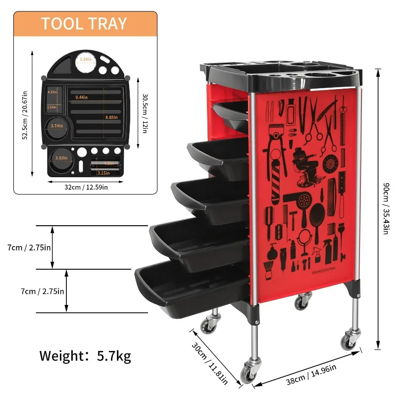 Professional Salon Trolley with 5 Drawers Hairdressing Cart Spa Equipment Storage Station Tray Mobile Handcart for Salon