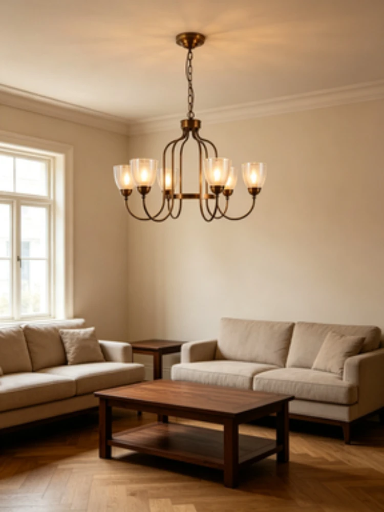 French style all copper dining room pendant light, personalized retro living room light, minimalist glass bedroom light fixture