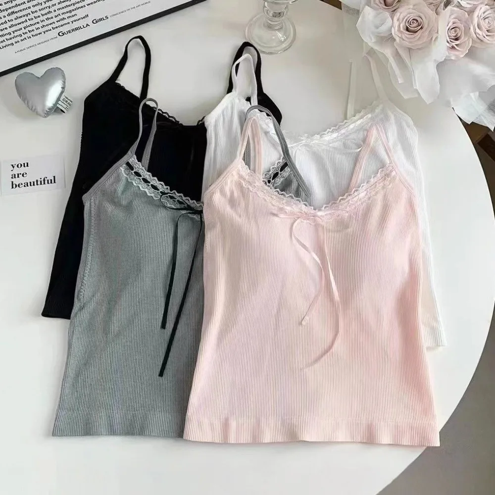 Waist-cinching Sleeveless Slim Lace Crop Top Y2k Sweet Girl's Vest Top Bottoming Shirt Solid Color Camisole with Pads Streetwear