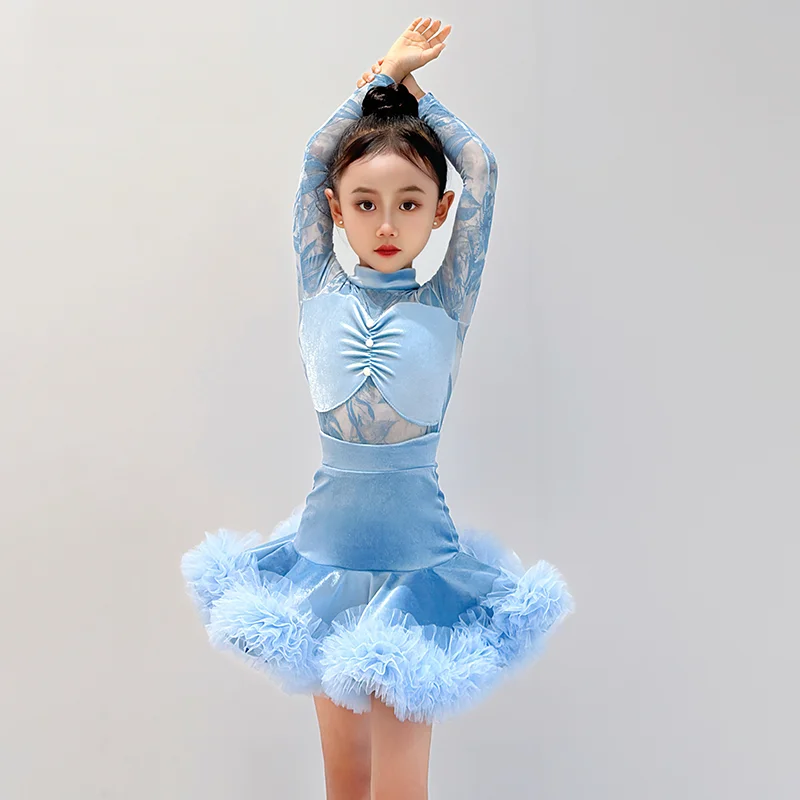 ballroom Lace velvet mesh latin dress girl american dance rumba cha cha samba tango costume competition practice wear kids Child
