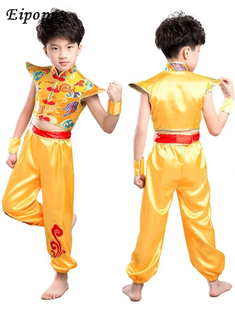 子供のための中国の漫画のスタイルのコスチューム、ベール付きのエプロンドレス、民俗ダンス、男の子と女の子のためのカンフーの服