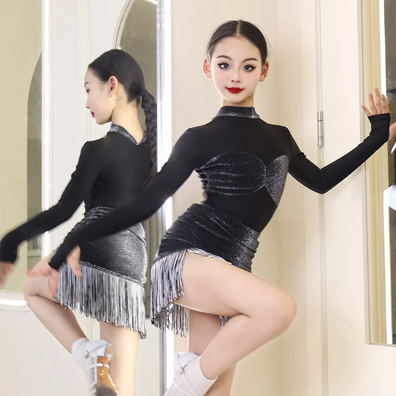 女の子のためのラテンダンスパフォーマンス衣装,黒の光沢のあるフリンジドレス,競技用ドレス,子供服,dnv22618,2020