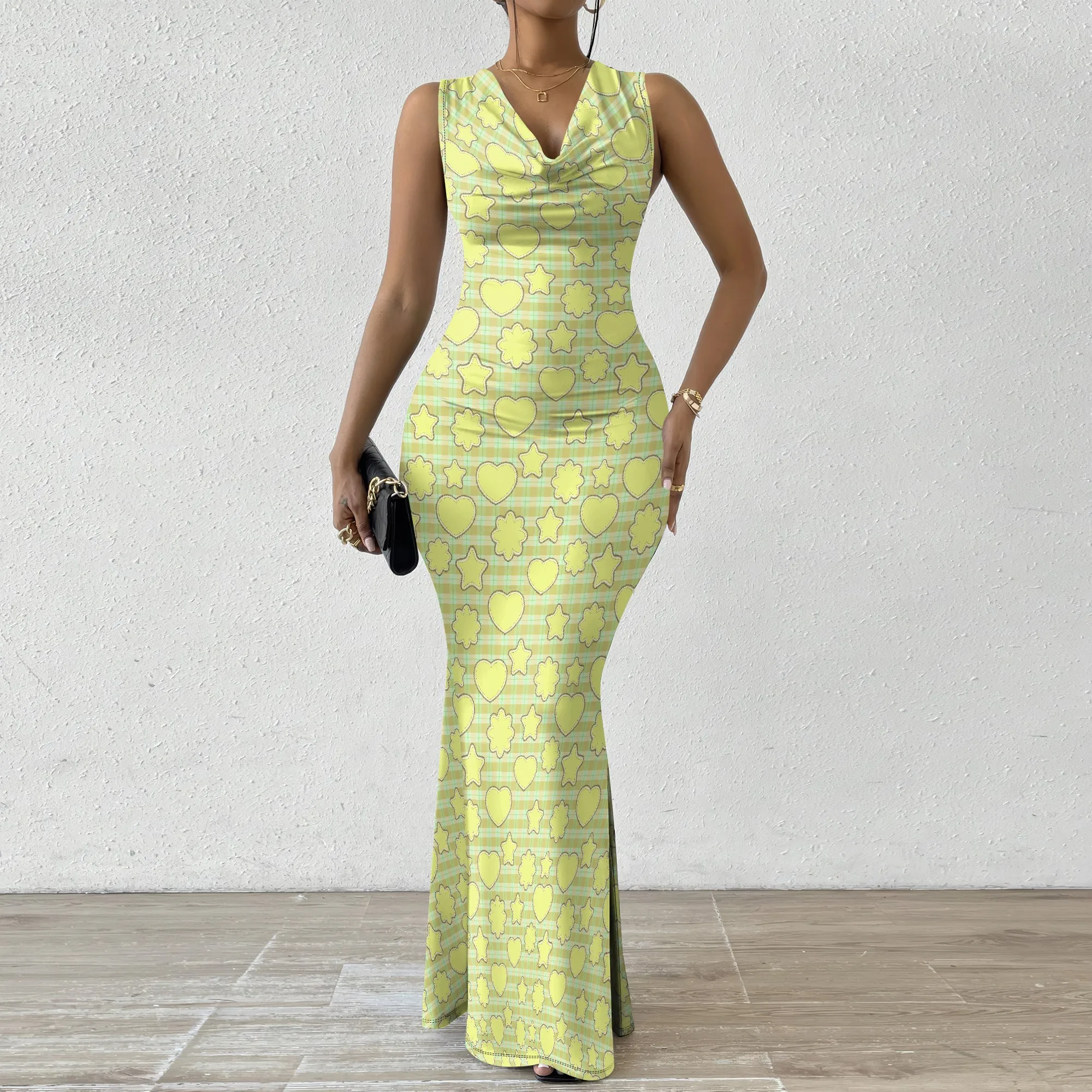 

Women's Mermaid Dress Fitted Cowl Neck Fishtail Dress XS-2XL Love Pattern for Birthday Party Valentine's Day