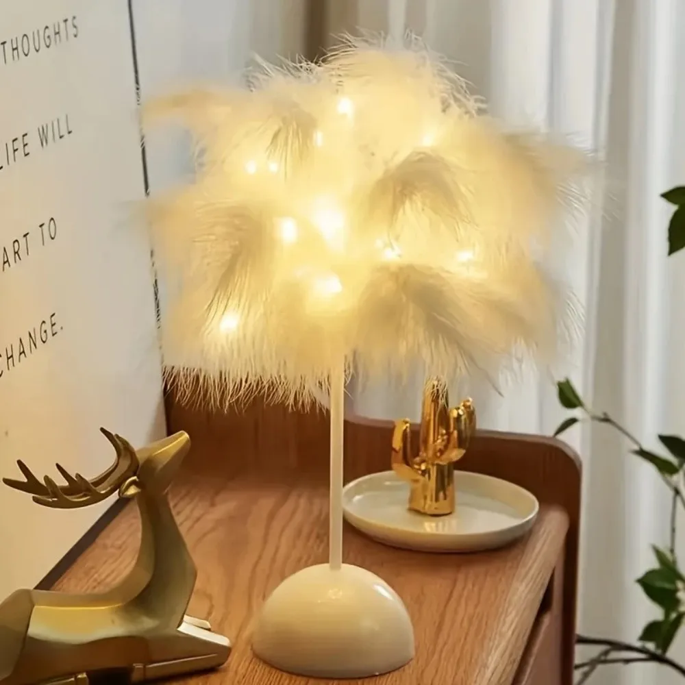 1PC desktop feather small table lamp, battery powered (excluding battery), suitable for bedroom desk headboard decoration