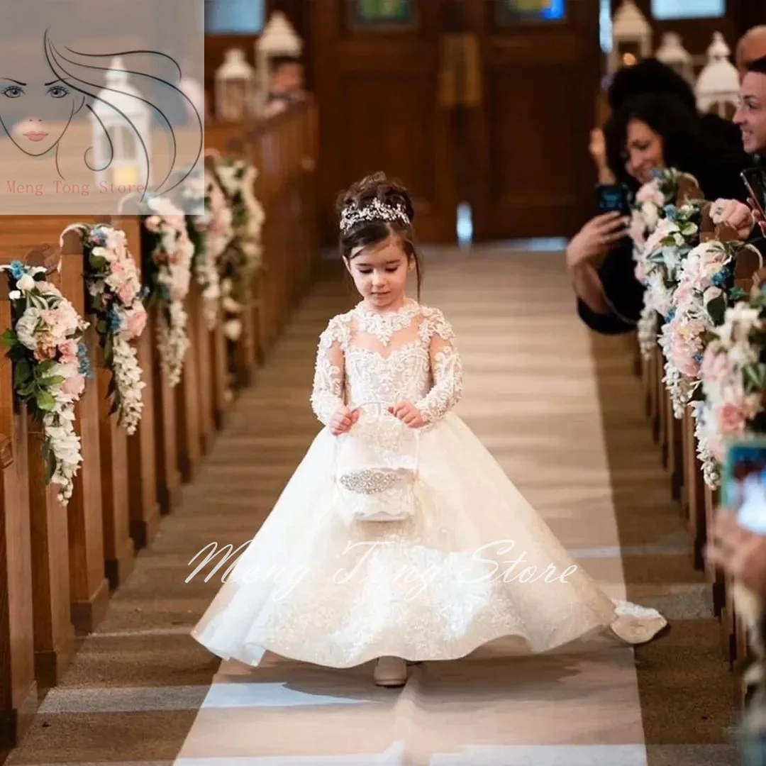 Vestido de flores para niña, tren largo con cuentas de lazo, Bola de cumpleaños, vestido de princesa, ropa de comunión