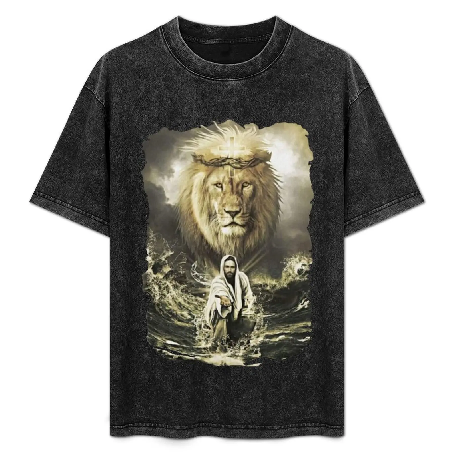 

Jesus and the Lion on the Water...BLK T-Shirt Casual Simple Design Short Sleeve Shirt