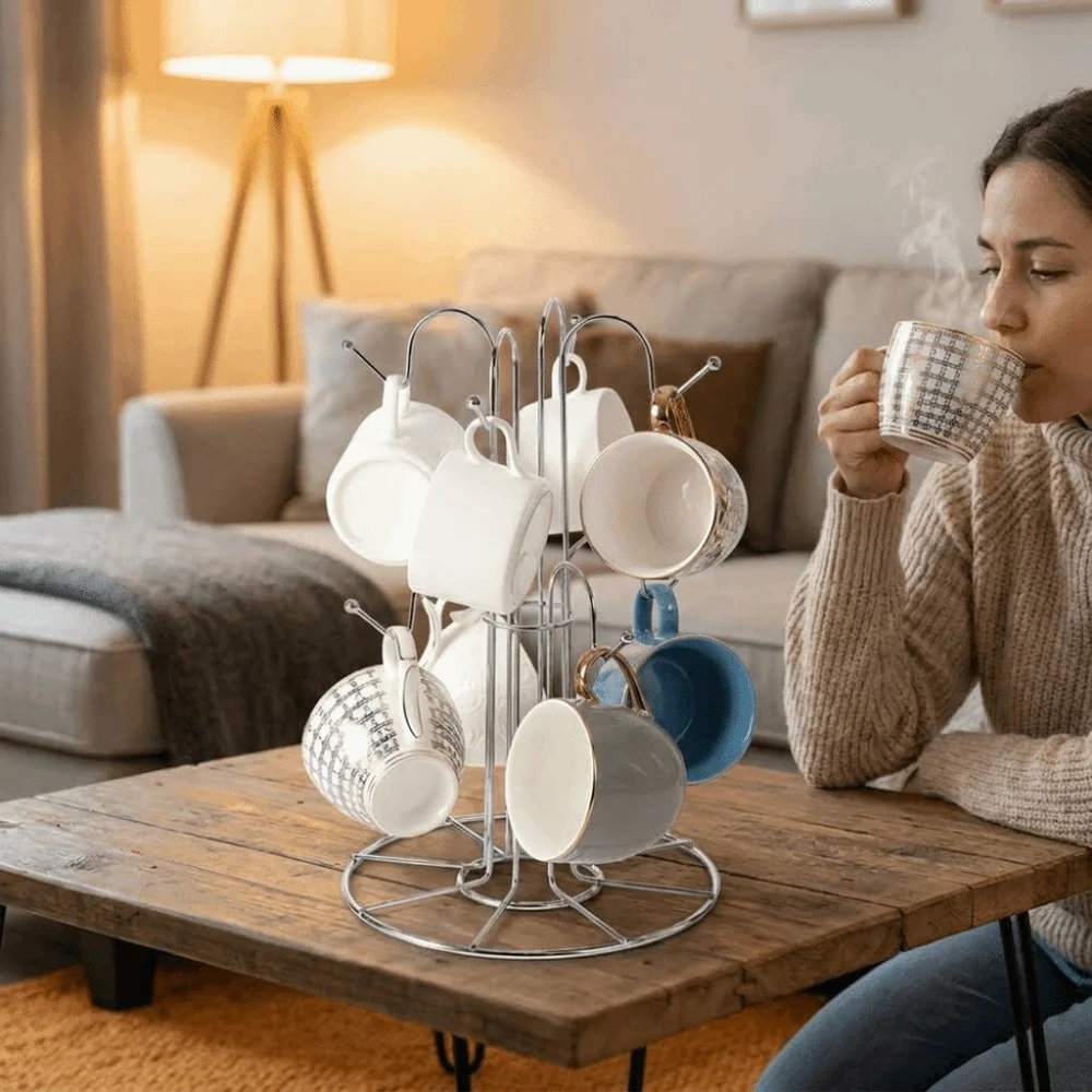 Durable Iron Tree Shape 8 Mug Holder Silver Fine Workmanship Tea Cup Storage Rack Rust Resistant Cup Drying Rack Bar