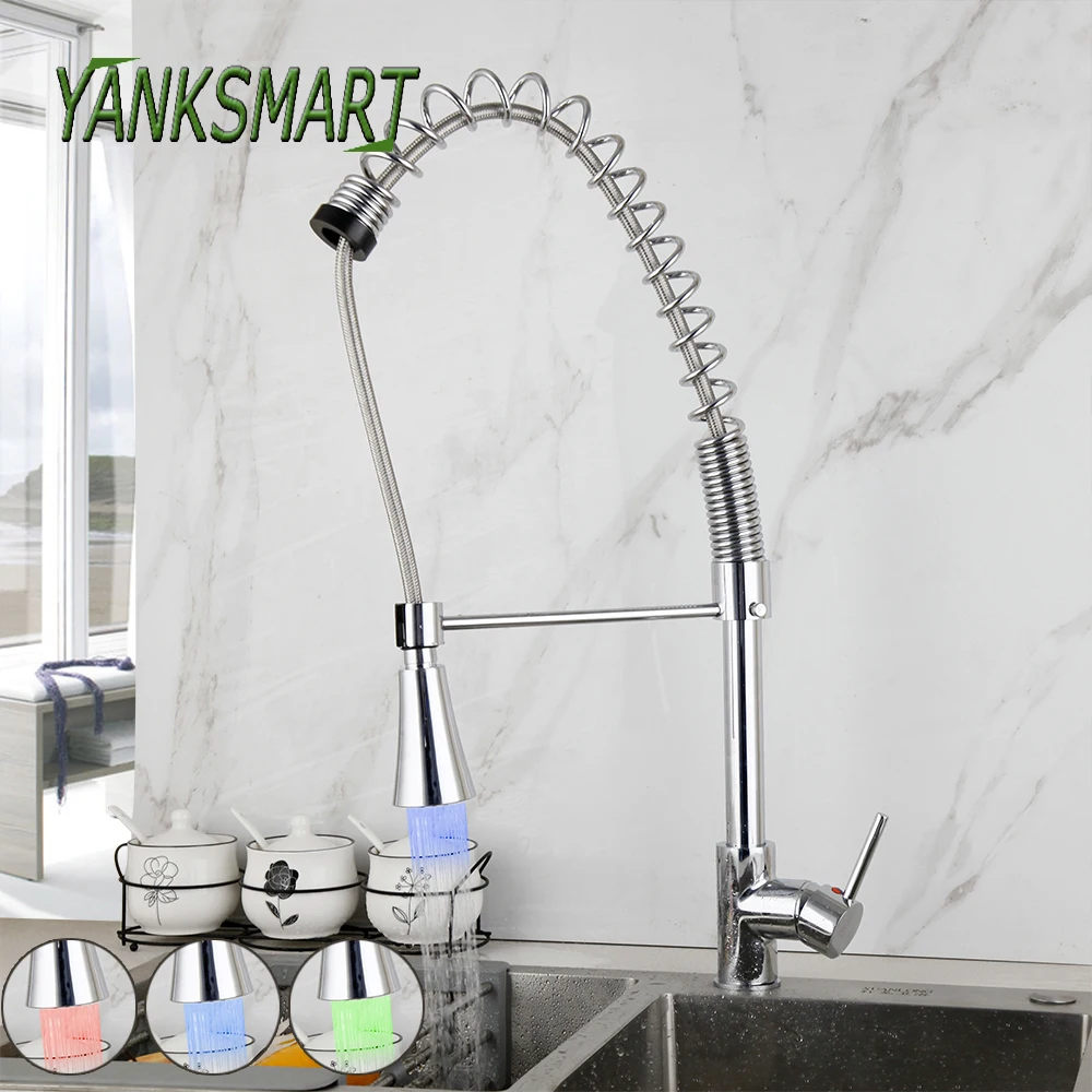 

YANKSMART Chrome Polished Spring Kitchen Faucet Pull Out Sprayer Dual Spout Sink Mixer Water Tap Single Handle Cuisine Torneira