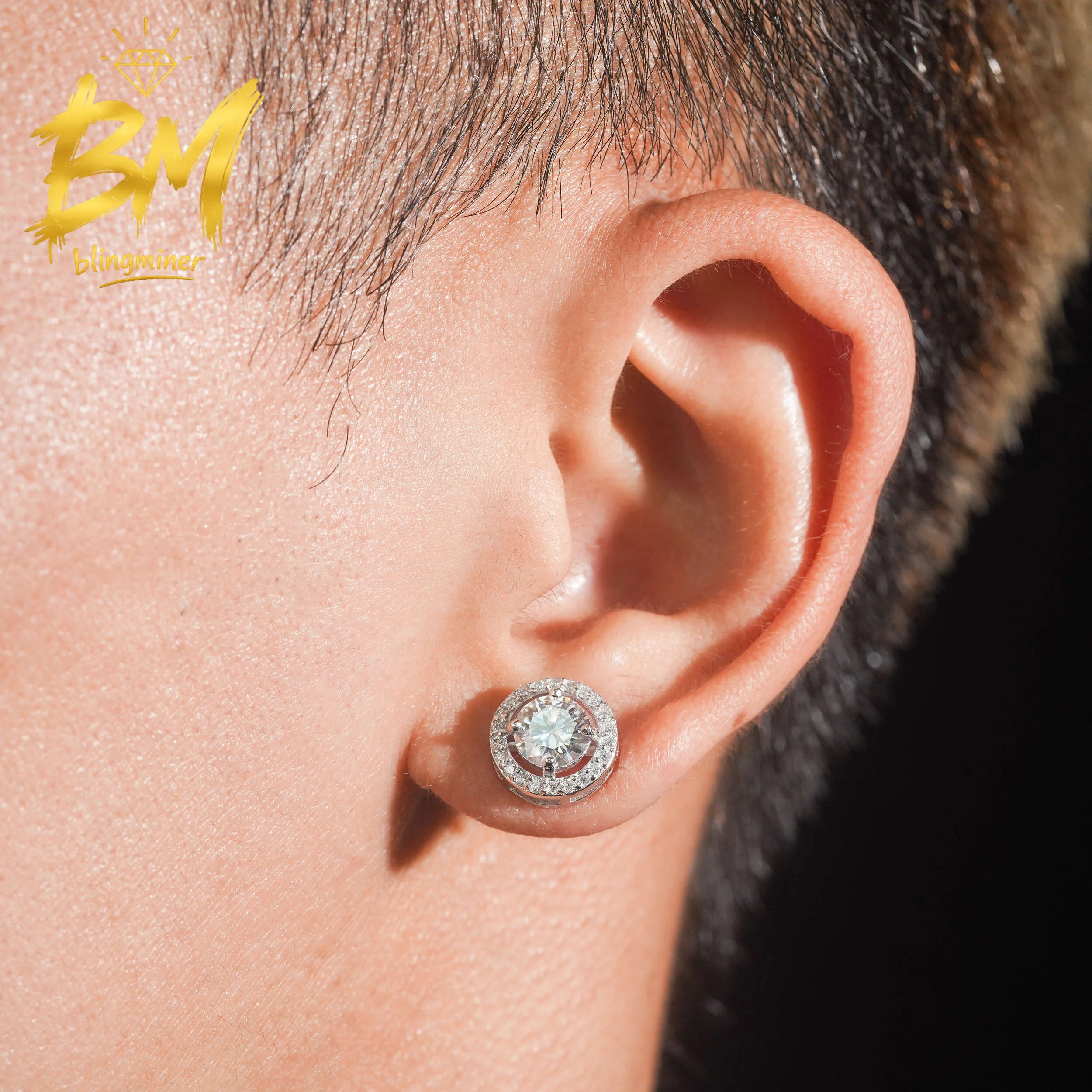 Blingminer  Hip Hop 12mm S925 Silver VVS Moissanite Earrings For Men Women Ear Studs Jewelry Pass Diamonds Tester GRA Free Shipp