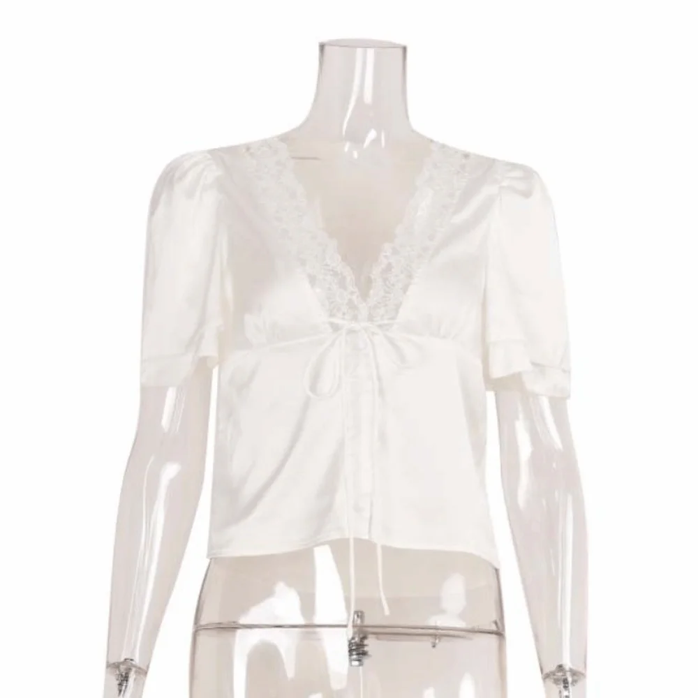 

Short Sleeve Lace Patchwork Tops Solid Color Breathable V Neck Sheath Tees French Style Comfortable Shirt Blouse Daily Wear