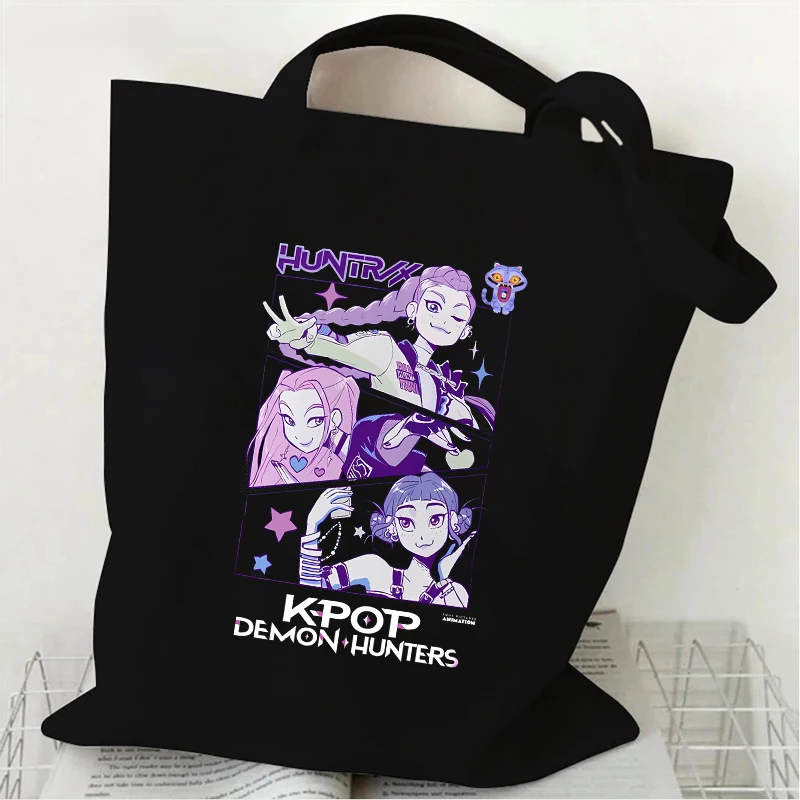 

KPop охотники на демонов, женские и мужские холщовые сумки, модные аниме, портативные сумки-тоут для покупок, забавная мультяшная сумка для хранения на плечо, подарок