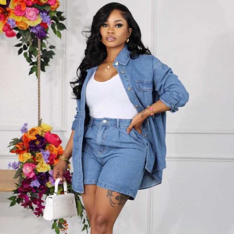 2 Piece Sets New Women Blouse Shorts Set 2023 Summer Denim Holiday Style Solid Lapel Long Sleeve Shirts And Shorts Suit