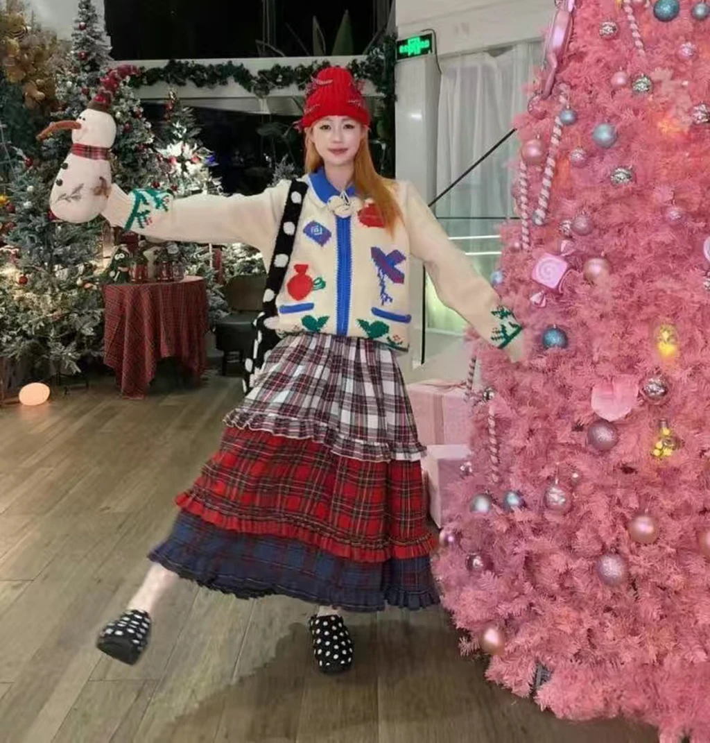 Designer Kerst Plaid Kanten Ruches Maxi Rok Taart Lange Rokken Herfst Vrouwen A-lijn Midi Rokken Engeland Klassieke Retro Rok