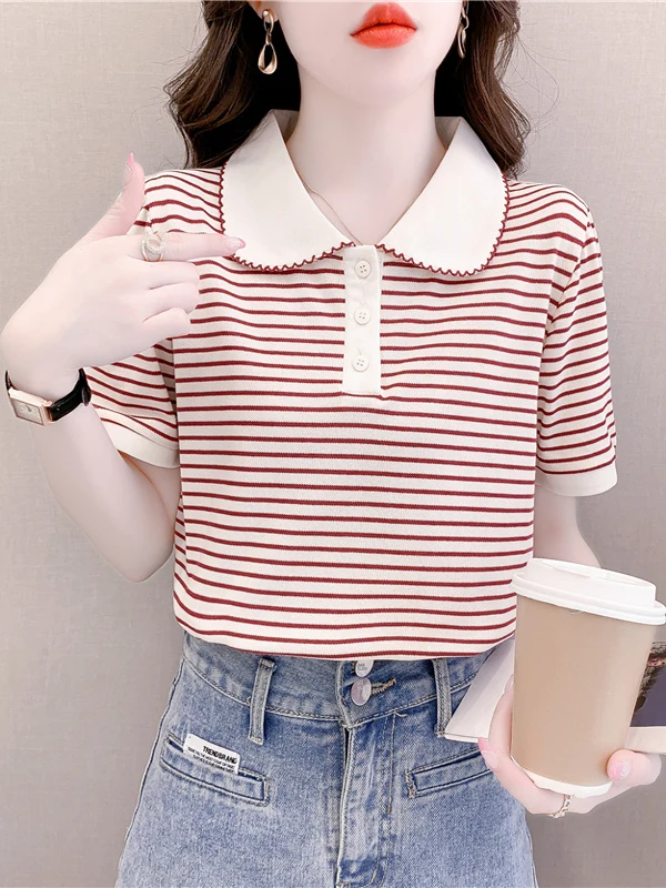 

Pure Cotton Short Sleeve Striped Shirt Women Summer New Style Doll Collar Top plus Size Versatile Korean Style Commute Fashion