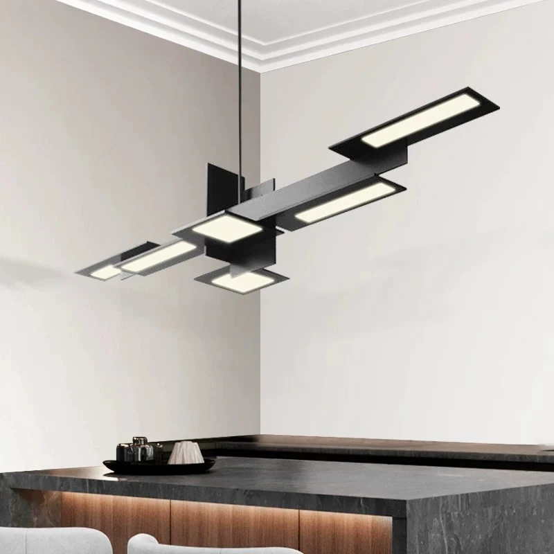 Modern Geometric LED Chandelier Black Tiered Linear Pendant Light Abstract Overlapping Panel Hanging Lamp for Kitchen Island