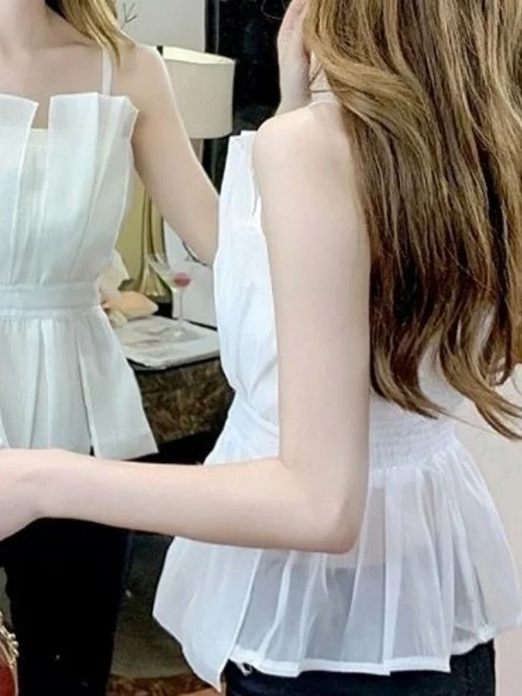 Camisole Women Folds Pure Classics Creativity Cozy Korean Style Tender Simple All-match Summer Ladies Hotsweet Leisure Vacation