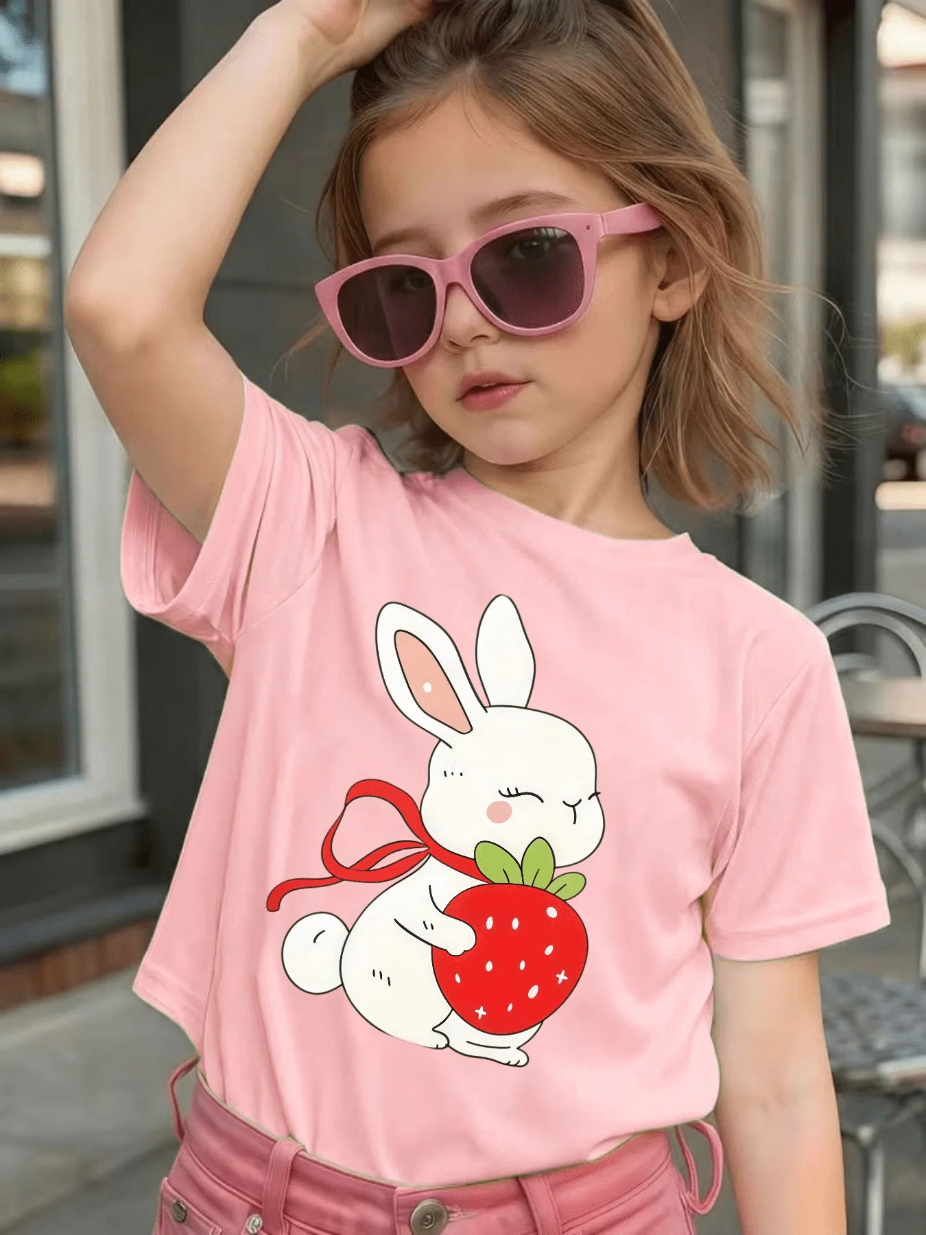 Cute Rabbit Strawberry Print Kids T Shirt Cotton Short Sleeve Boys Girls Parent Child Matching Summer Casual Daily Comfort Tops