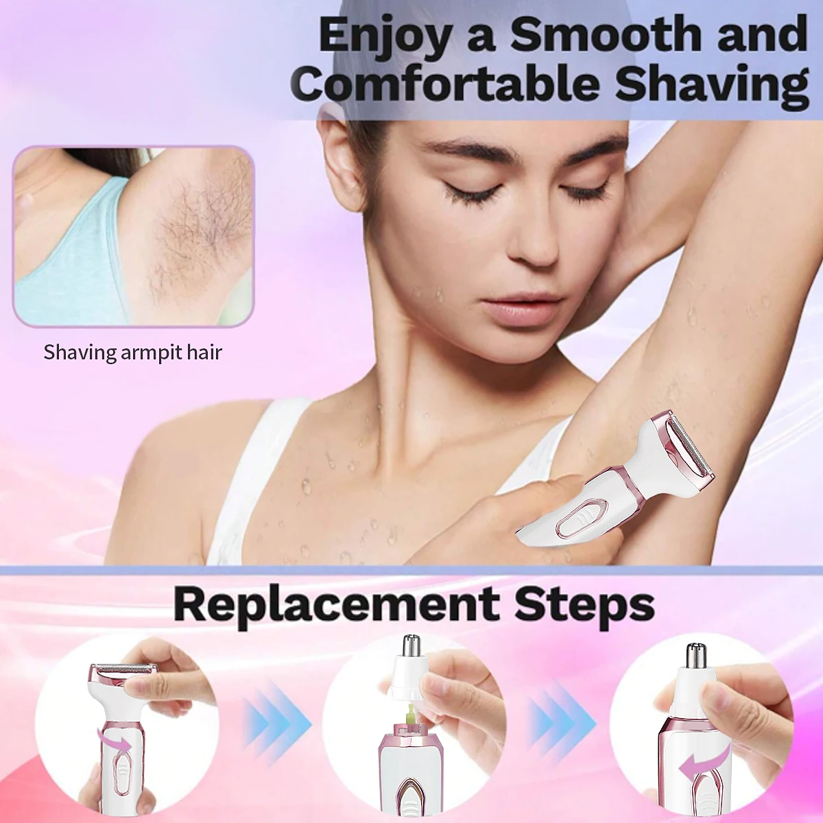 ماكينة إزالة الشعر الكهربائية 4 في 1 للنساء، ماكينة إزالة الشعر الرطبة/الجافة القابلة لإعادة الشحن للساقين والذراعين وخط بيكيني تحت الإبط