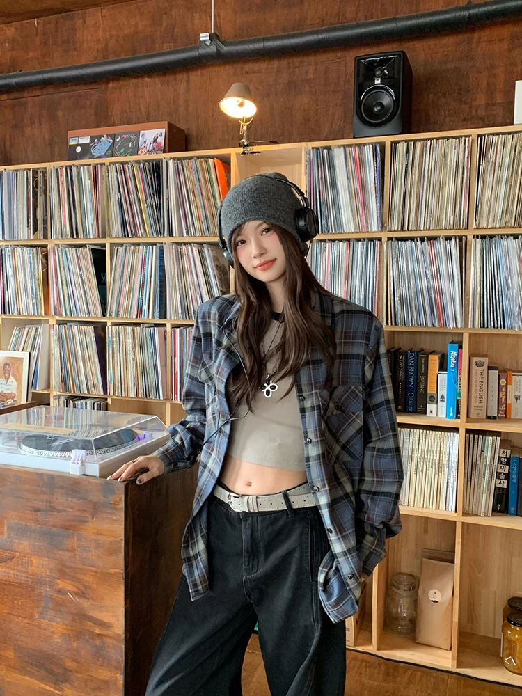 

Синяя клетчатая женская рубашка с длинным рукавом, свободного кроя, дышащая, удобная, для осени, повседневная, модная